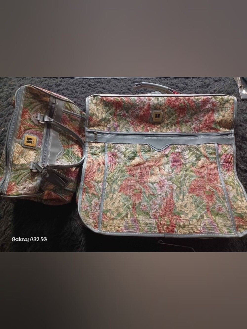 Vintage 80s Leisure Floral Tapestry Luggage Set-2pc Garment Bag/Duffel Weekender